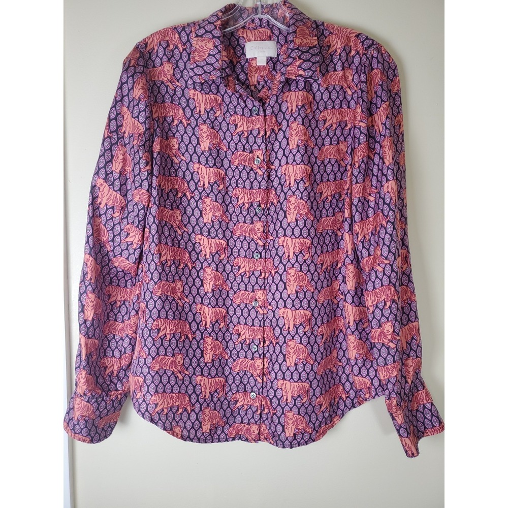 J Crew Collection Silk Roaming Tiger Button Up Long Sleeve Blouse Purple Pink 6